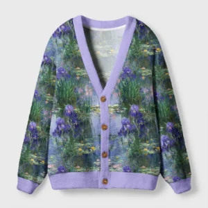 Front view of the Monet Garden Cardigan Sweater, featuring a floral art design in purple and green hues.