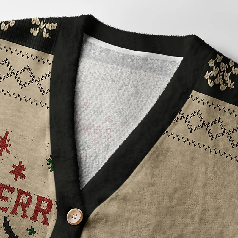 Krampus Christmas Cardigan Sweater | Dark Holiday Design Close-up detail of the Krampus Christmas cardigan sweater's buttons and intricate holiday motifs.