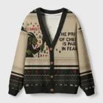 Front view of the Krampus Christmas cardigan sweater featuring a dark holiday design with festive graphics.