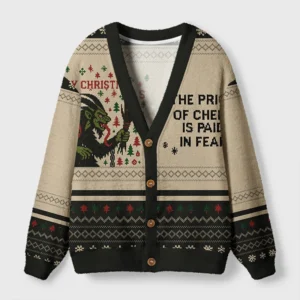 Front view of the Krampus Christmas cardigan sweater featuring a dark holiday design with festive graphics.