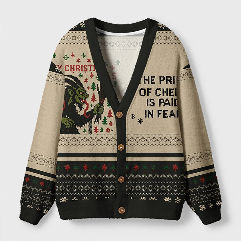 Krampus Christmas Cardigan Sweater | Dark Holiday Design Front view of the Krampus Christmas cardigan sweater featuring a dark holiday design with festive graphics.