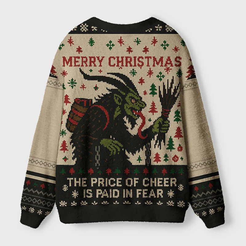 Krampus Christmas Cardigan Sweater | Dark Holiday Design Back view of the Krampus Christmas cardigan sweater showcasing the unique pattern and cozy knit texture.