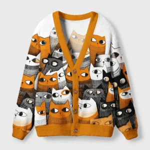 Chorus of cats cardigan sweater in white and orange, featuring a cute cat pattern from the front view.