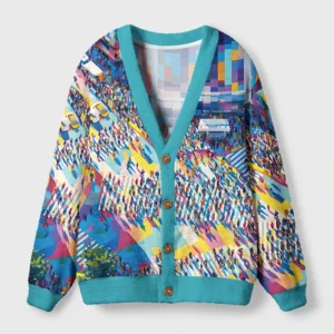 Colorful sidewalks cardigan sweater featuring an abstract art design, viewed from the front with vibrant hues.