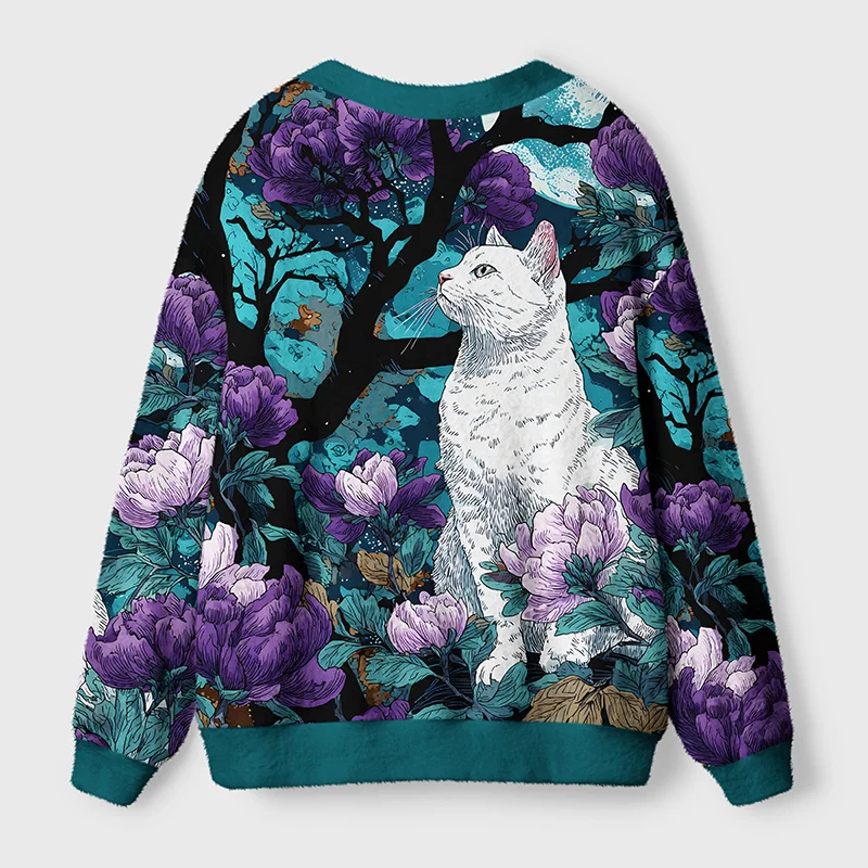 Mysterious White Cat Cardigan Sweater | Artistic Style Back view of the mysterious white cat cardigan sweater showcasing detailed artwork and cozy fit for stylish comfort.