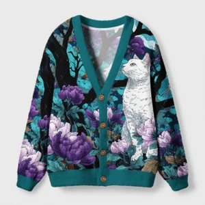 Front view of the mysterious white cat cardigan sweater featuring vibrant artistic cat design and floral patterns.