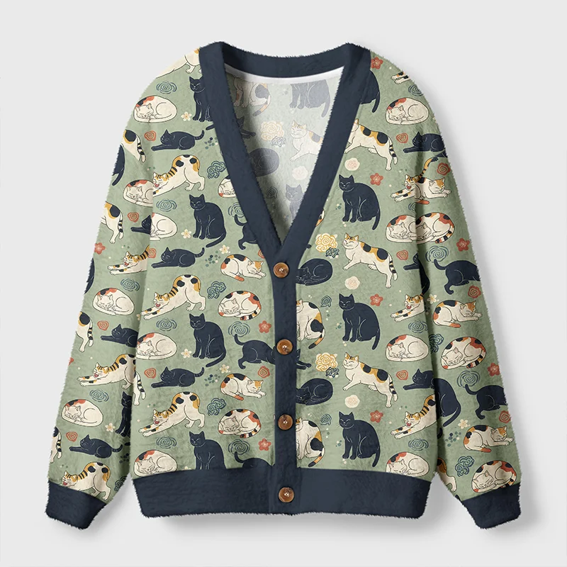 Playing Cats Cardigan Sweater | Cute Cat Design Front view of the playing cats cardigan sweater featuring cute cat designs on a green background.