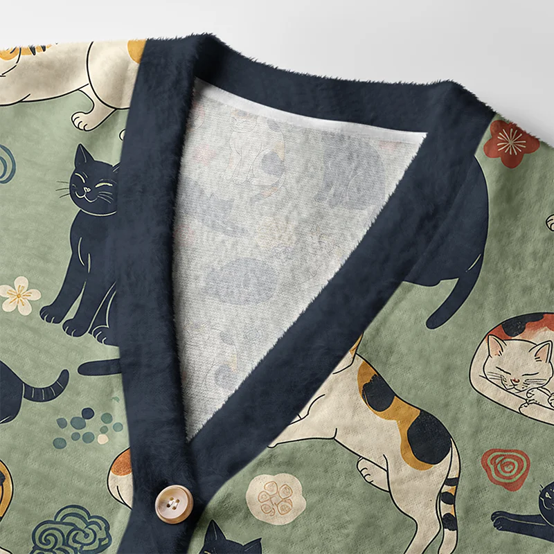 Playing Cats Cardigan Sweater | Cute Cat Design Close-up detail of the playing cats cardigan sweater highlighting the unique cat illustrations and button design.