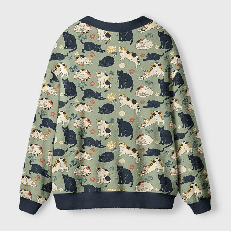 Playing Cats Cardigan Sweater | Cute Cat Design Back view of the playing cats cardigan sweater showcasing its cozy fit with playful cat patterns.