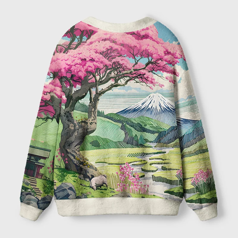 Mount Fuji in Spring Cardigan Sweater | Japanese Landscape Back view of the cozy Mount Fuji in Spring cardigan sweater, showcasing its unique Japanese landscape and textured fabric.