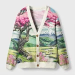 Front view of the Mount Fuji in Spring cardigan sweater, featuring vibrant pink flowers and a serene landscape design.