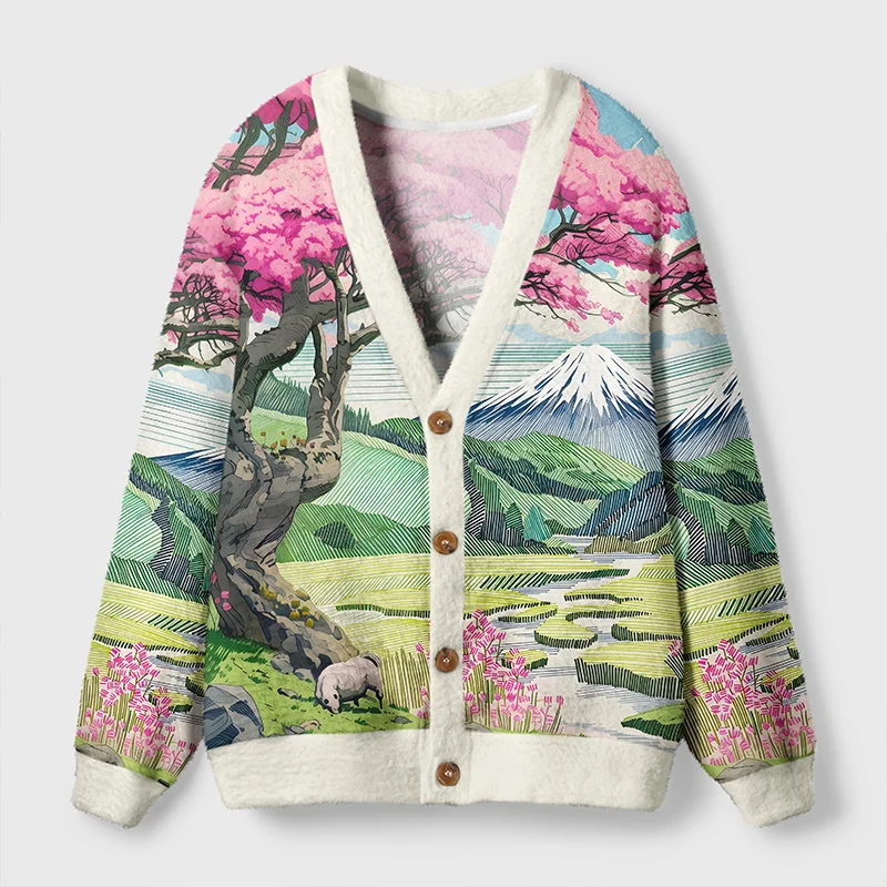 Mount Fuji in Spring Cardigan Sweater | Japanese Landscape Front view of the Mount Fuji in Spring cardigan sweater, featuring vibrant pink flowers and a serene landscape design.