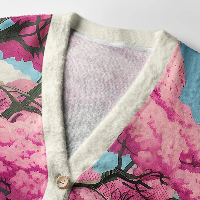 Mount Fuji in Spring Cardigan Sweater | Japanese Landscape Close-up detail of the Mount Fuji in Spring cardigan sweater, highlighting the intricate floral patterns and soft, warm mater