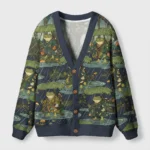 Front view of the frog in the rain cardigan sweater featuring a whimsical frog design in vibrant colors.