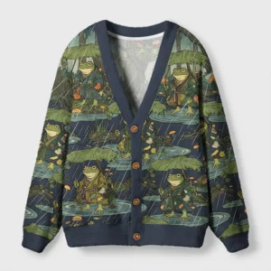 Front view of the frog in the rain cardigan sweater featuring a whimsical frog design in vibrant colors.