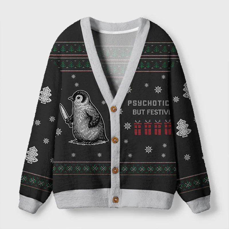 Psychotic But Festive Cardigan | Funny Holiday Sweater Front view of the black psychotic but festive cardigan featuring a penguin design and holiday patterns.