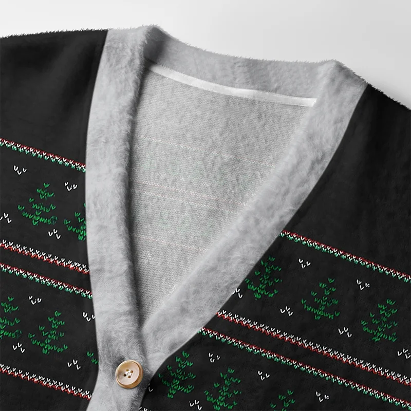 Psychotic But Festive Cardigan | Funny Holiday Sweater Close-up detail of the psychotic but festive cardigan's penguin graphic and vibrant holiday colors on a black background.