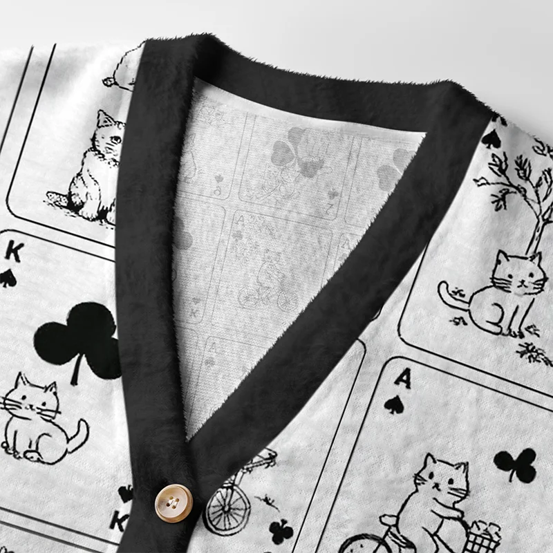 Playing Card Cats Cardigan Sweater Close-up detail of the buttons and fabric texture on the playing card cats cardigan sweater with vintage cat prints.