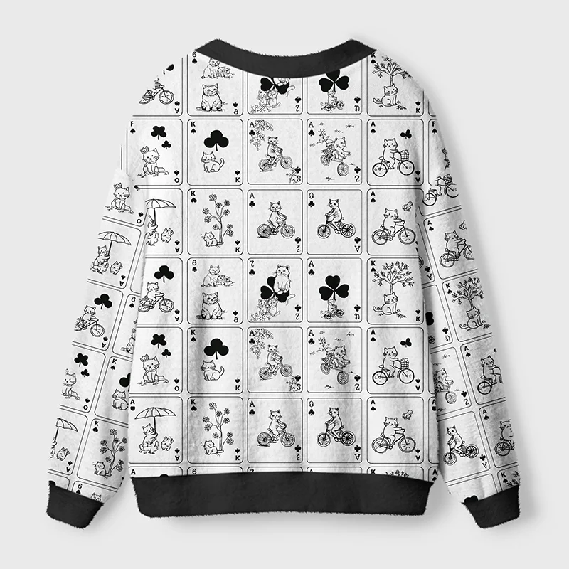 Playing Card Cats Cardigan Sweater Back view showcasing the playful cat illustrations on the playing card cats cardigan sweater in a cozy style.