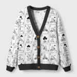 Front view of the playing card cats cardigan sweater featuring a vintage cat design in black and white.