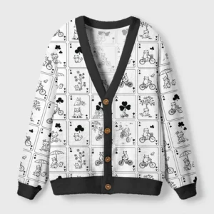 Front view of the playing card cats cardigan sweater featuring a vintage cat design in black and white.