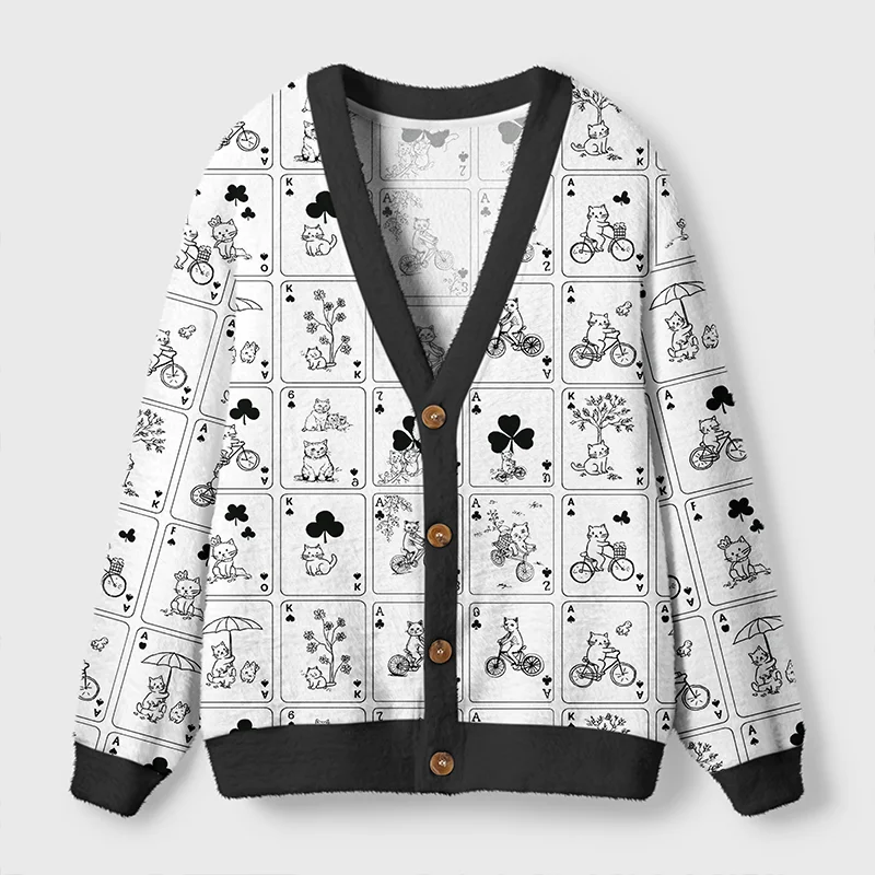 Playing Card Cats Cardigan Sweater Front view of the playing card cats cardigan sweater featuring a vintage cat design in black and white.