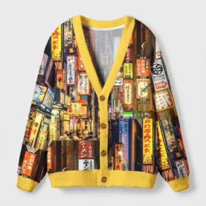 Front view of the Japan Night Glow Cardigan Sweater featuring vibrant Japanese city designs and a cozy yellow trim.