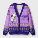 Front view of the say weird stuff rabbit cardigan sweater in purple, showcasing the funny rabbit design and buttons.