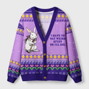 Front view of the say weird stuff rabbit cardigan sweater in purple, showcasing the funny rabbit design and buttons.
