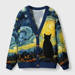 Front view of the black cat under the stars cardigan featuring a celestial cat design and deep navy accents.