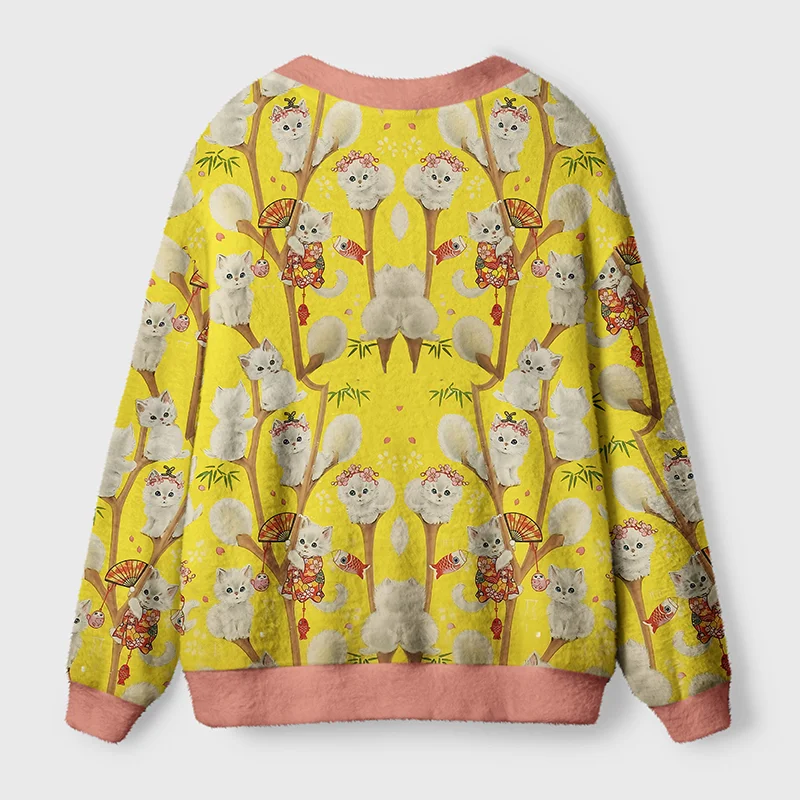 Japanese Cats in Kimonos Cardigan | Kimono Cat Design Back view of the Japanese cats in kimonos cardigan showcasing a playful pattern of kimonos and bamboo.
