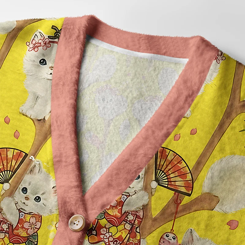 Japanese Cats in Kimonos Cardigan | Kimono Cat Design Close-up detail of the Japanese cats in kimonos cardigan, highlighting the soft fabric and intricate cat illustrations.