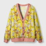 Front view of the Japanese cats in kimonos cardigan featuring vibrant yellow and pink colors with cute cat designs.