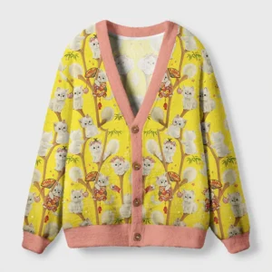 Front view of the Japanese cats in kimonos cardigan featuring vibrant yellow and pink colors with cute cat designs.