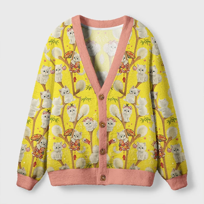 Japanese Cats in Kimonos Cardigan | Kimono Cat Design Front view of the Japanese cats in kimonos cardigan featuring vibrant yellow and pink colors with cute cat designs.
