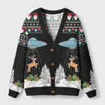 Front view of the alien Christmas abduction cardigan featuring a black base and colorful holiday designs.