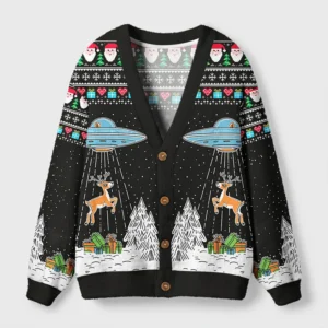 Front view of the alien Christmas abduction cardigan featuring a black base and colorful holiday designs.