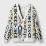 Front view of the Kokeshi Japan cardigan sweater featuring colorful Japanese doll designs and a cozy V-neck.