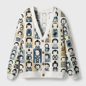 Front view of the Kokeshi Japan cardigan sweater featuring colorful Japanese doll designs and a cozy V-neck.