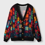 Front view of the Shinjuku Night Cardigan Sweater showcasing vibrant Tokyo neon design and stylish buttons.
