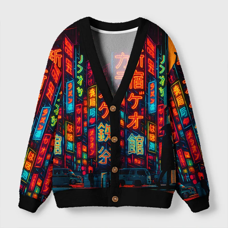 Shinjuku Night Cardigan Sweater | Urban Neon Design Front view of the Shinjuku Night Cardigan Sweater showcasing vibrant Tokyo neon design and stylish buttons.