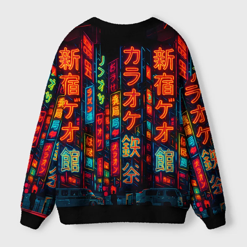 Shinjuku Night Cardigan Sweater | Urban Neon Design Back view of the Shinjuku Night Cardigan Sweater, highlighting the bold cityscape print in rich colors.