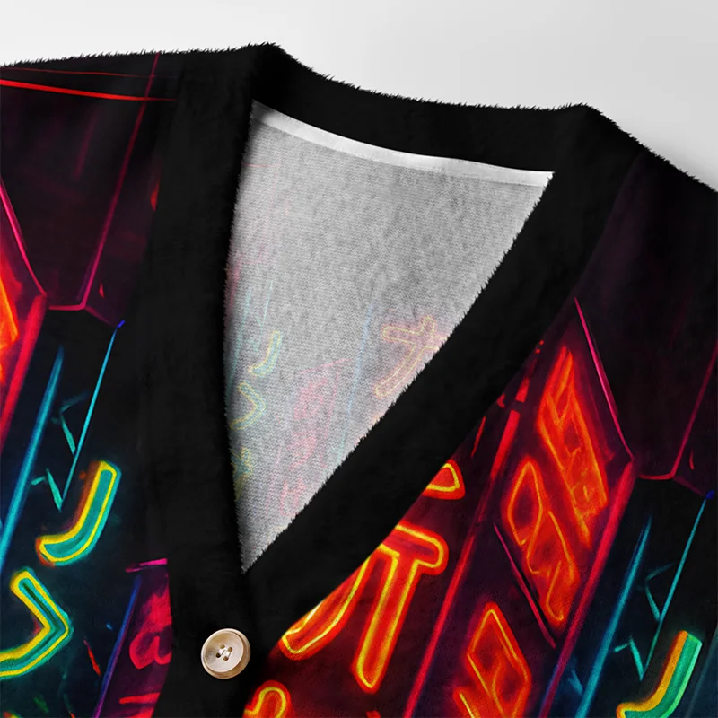Shinjuku Night Cardigan Sweater | Urban Neon Design Close-up detail of the Shinjuku Night Cardigan Sweater's intricate design, featuring neon lights and textures.