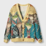 Front view of the frog nobles cardigan sweater featuring colorful Ukiyo-e frog designs.