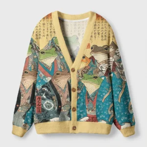 Front view of the frog nobles cardigan sweater featuring colorful Ukiyo-e frog designs.