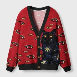 Front view of a mysterious cat cardigan sweater with a vibrant red color and artistic cat design.