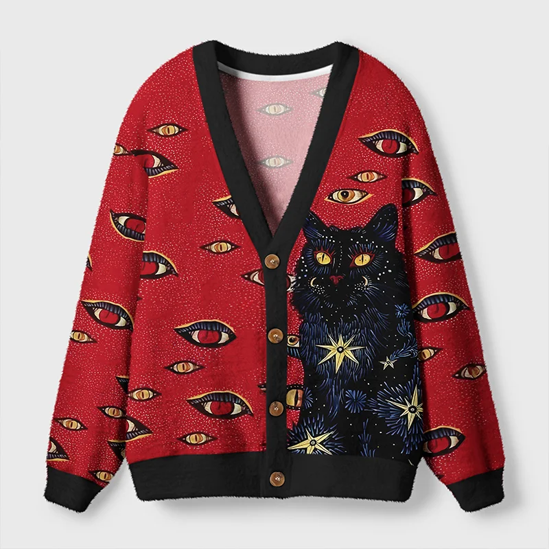 Mysterious Cat Cardigan Sweater | Artistic Cat Design Front view of a mysterious cat cardigan sweater with a vibrant red color and artistic cat design.