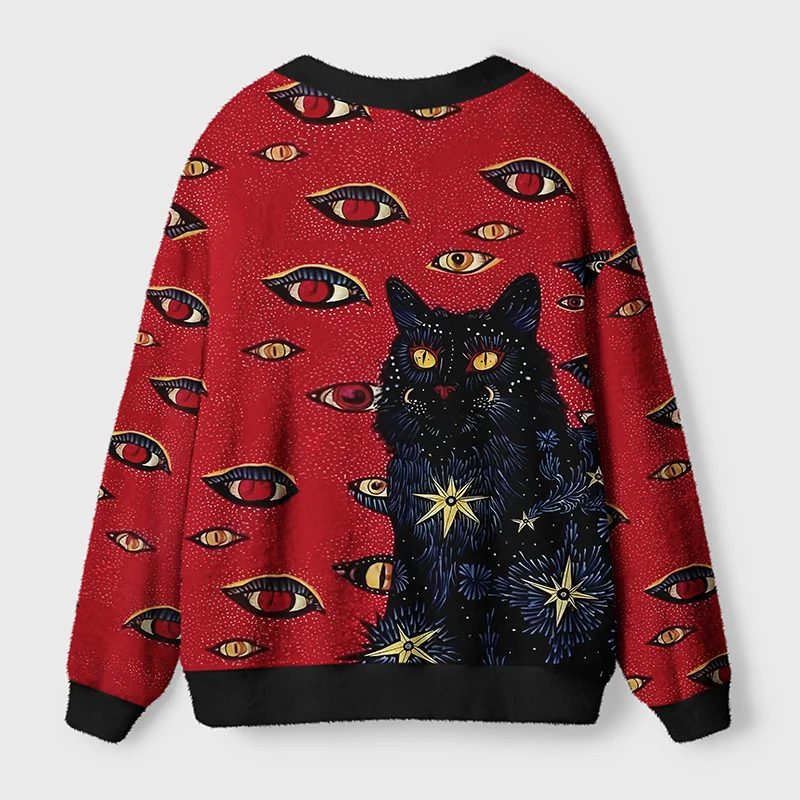 Mysterious Cat Cardigan Sweater | Artistic Cat Design Back view showcasing the unique pattern of the mysterious cat cardigan sweater with striking eye details.
