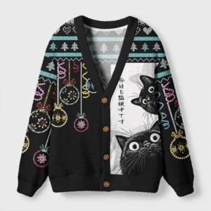 Front view of the cats are watching cardigan sweater featuring a playful cat design on a black background.
