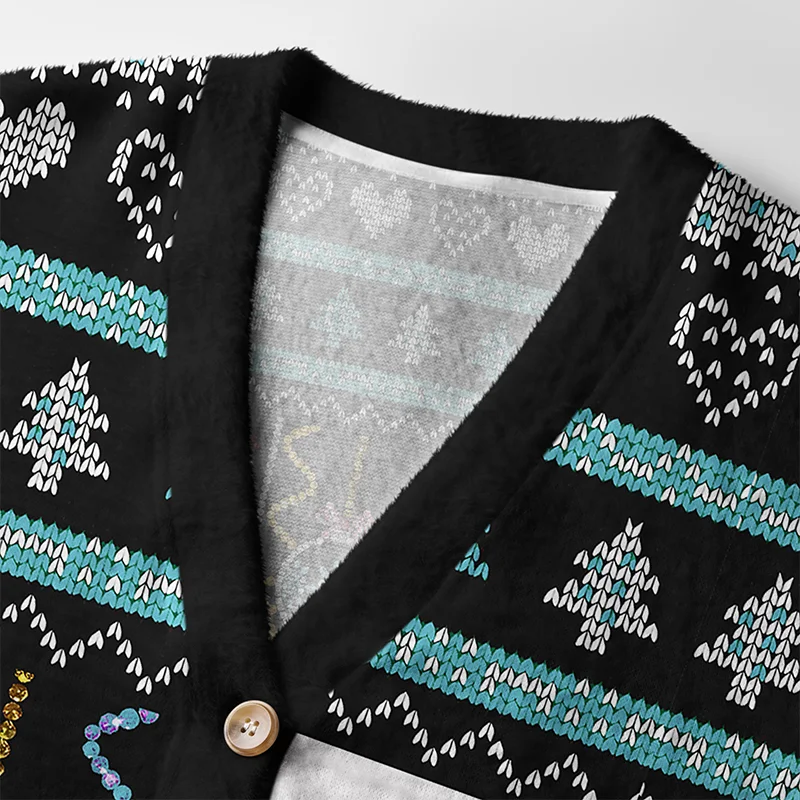 Cats Are Watching Cardigan Sweater Close-up detail of the cats are watching cardigan sweater highlighting the vibrant colors and intricate designs on fabric.